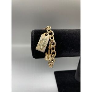 Hard Rock Cafe Gold Tone Charm Bracelet Guitar Peace Sign Logo Link Chain 8.25"